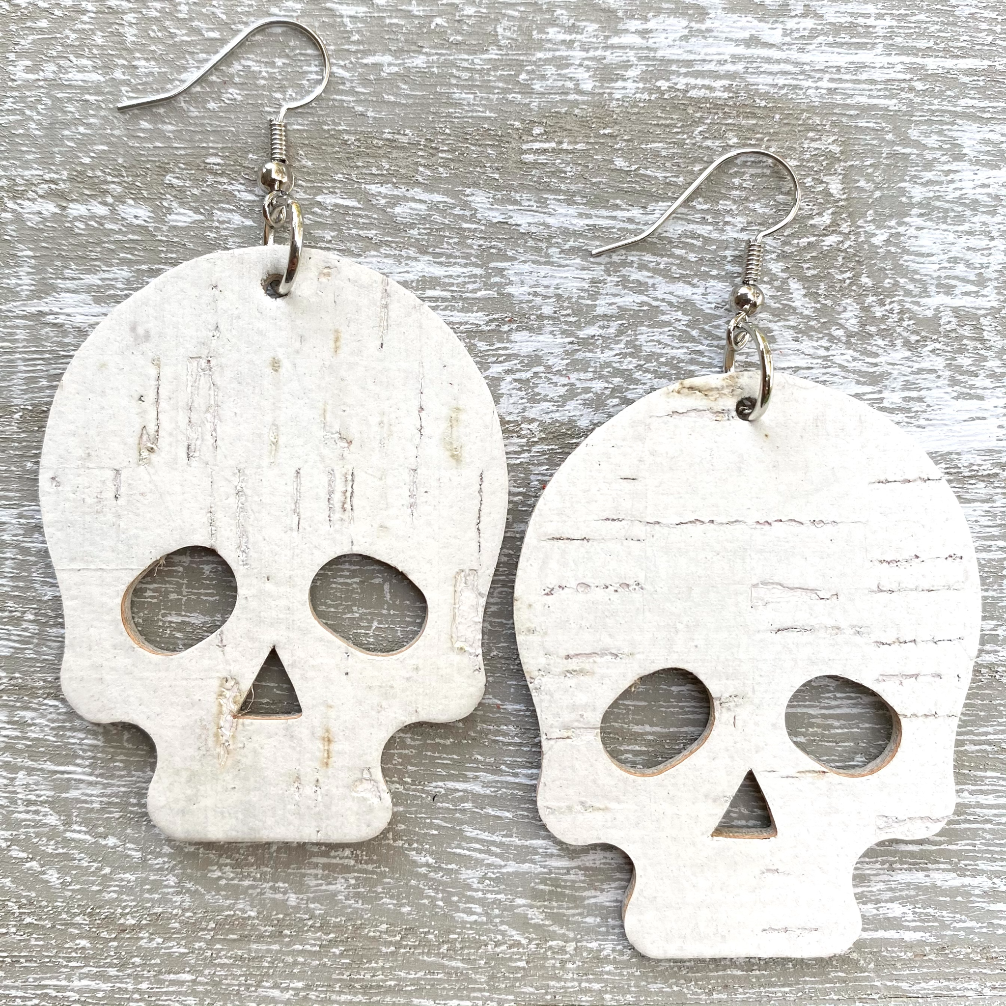 White Skull Cork Leather Earrings