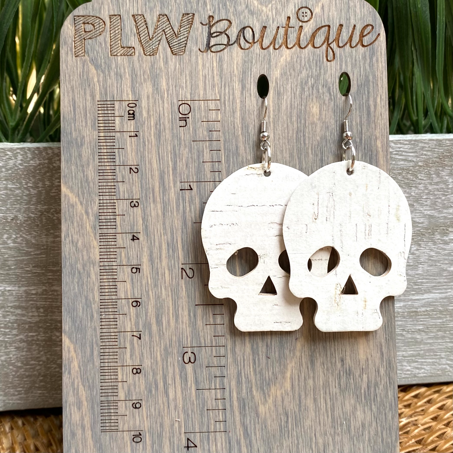 White Skull Cork Leather Earrings