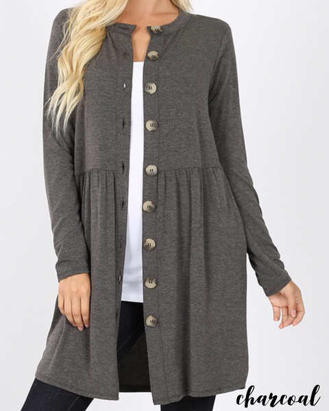 Shirred Waist Button Cardigan with Pockets
