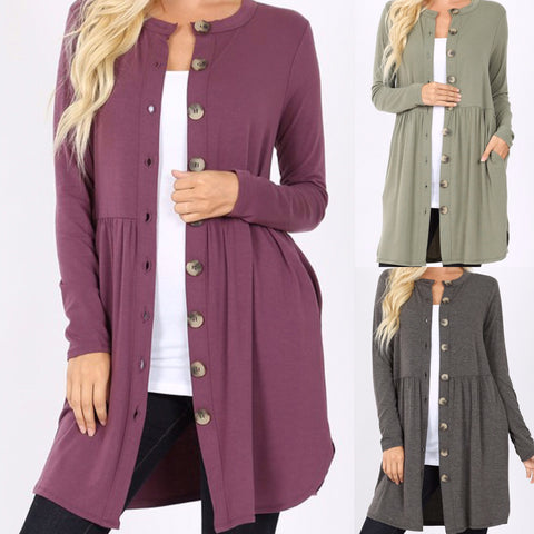Shirred Waist Button Cardigan with Pockets