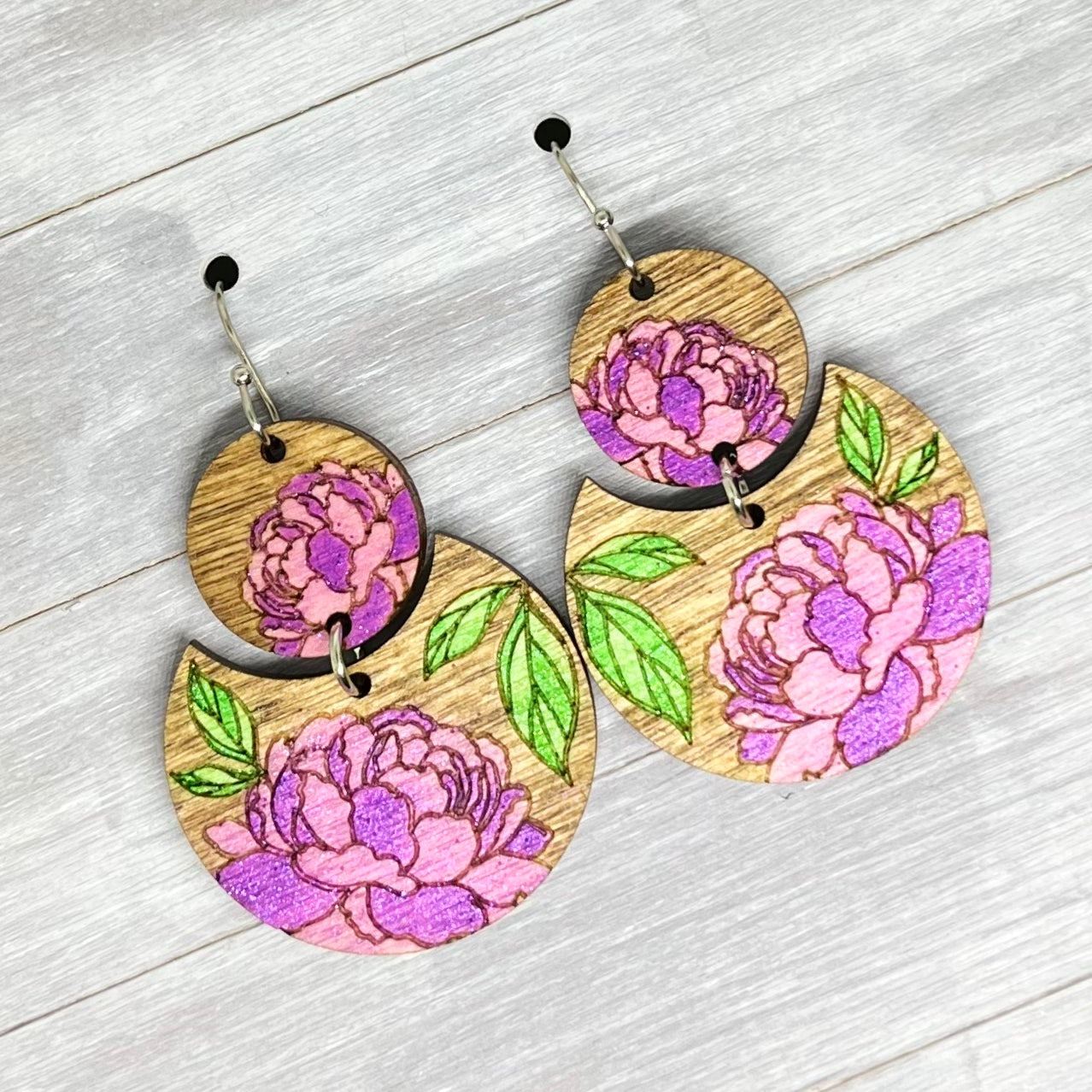 Purple Floral Hand Painted Wood Earrings