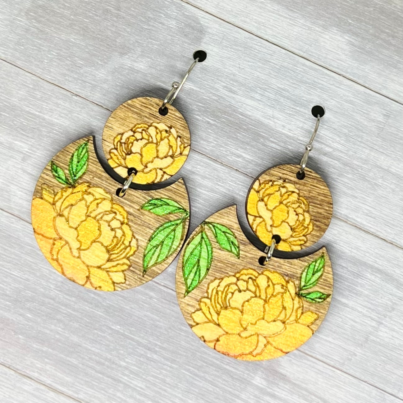 Yellow Floral Hand Painted Wood Earrings