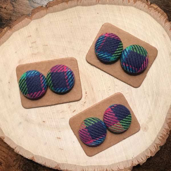 Pink & Green Plaid  Fabric Button Earrings