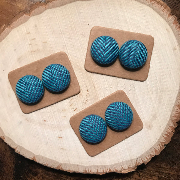 Blue Herringbone Fabric Button Earrings