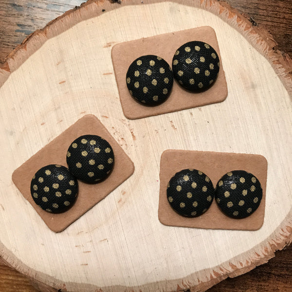 Black and Gold Polka Dot Fabric Button Earrings