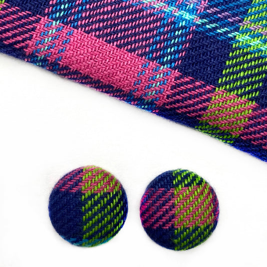 Pink & Green Plaid  Fabric Button Earrings