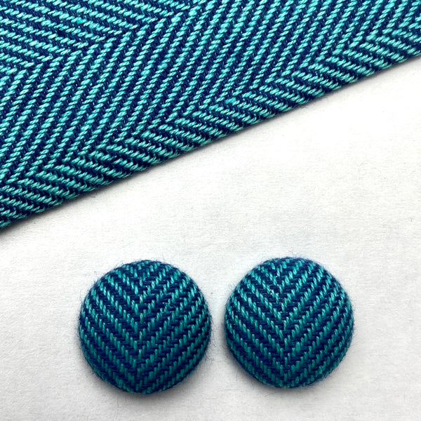 Blue Herringbone Fabric Button Earrings