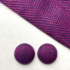 Pink Herringbone Fabric Button Earrings