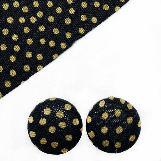 Black and Gold Polka Dot Fabric Button Earrings